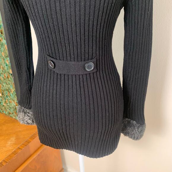 Vintage 90s Y2K Size M Faux Fur Collar Ribbed Kni Cardigan Sweater Black Winter - Picture 7 of 9